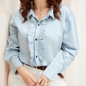 Ruffle Trim Curved Hem Denim Blouse sz 0XL